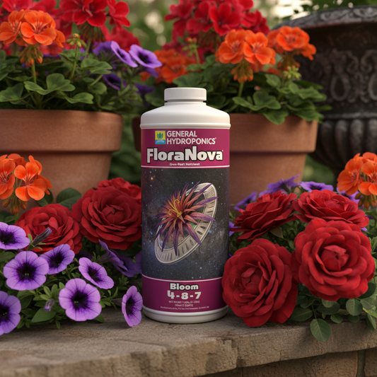 FloraNova Bloom close-up con flores de jardín