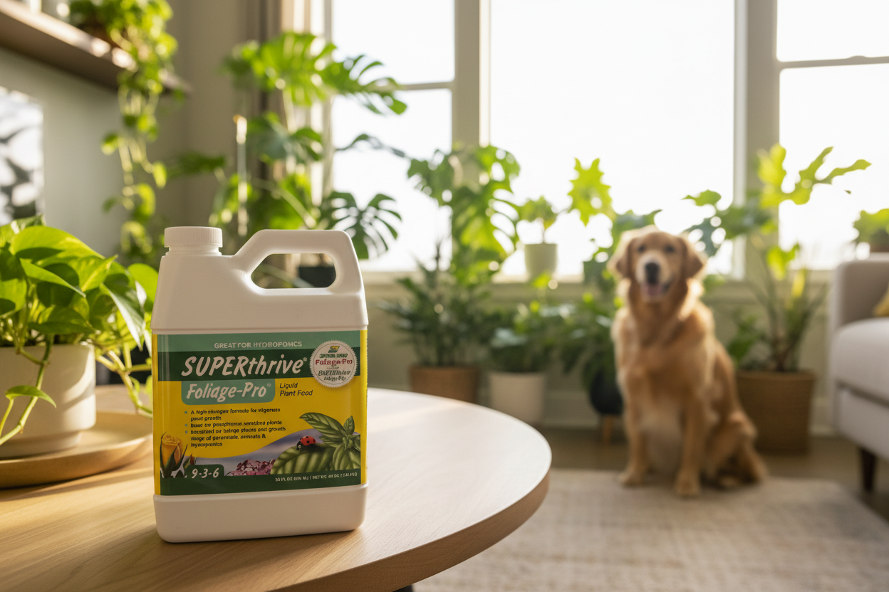 Foliage-Pro en living room con golden retriever