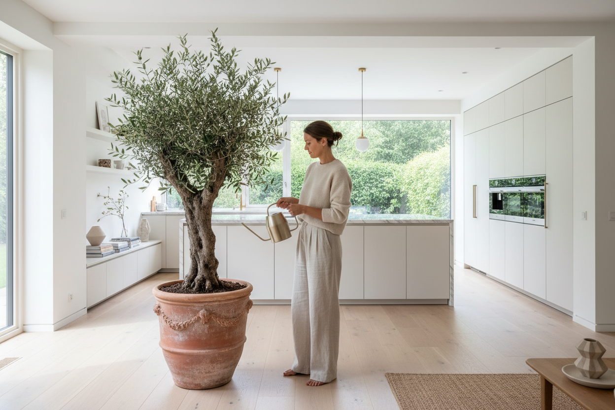 Mujer regando olivo en casa moderna con cocina