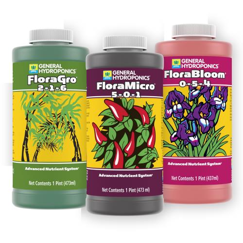 botellas de Flora Series General Hydroponics FloraGro FloraMicro FloraBloom México